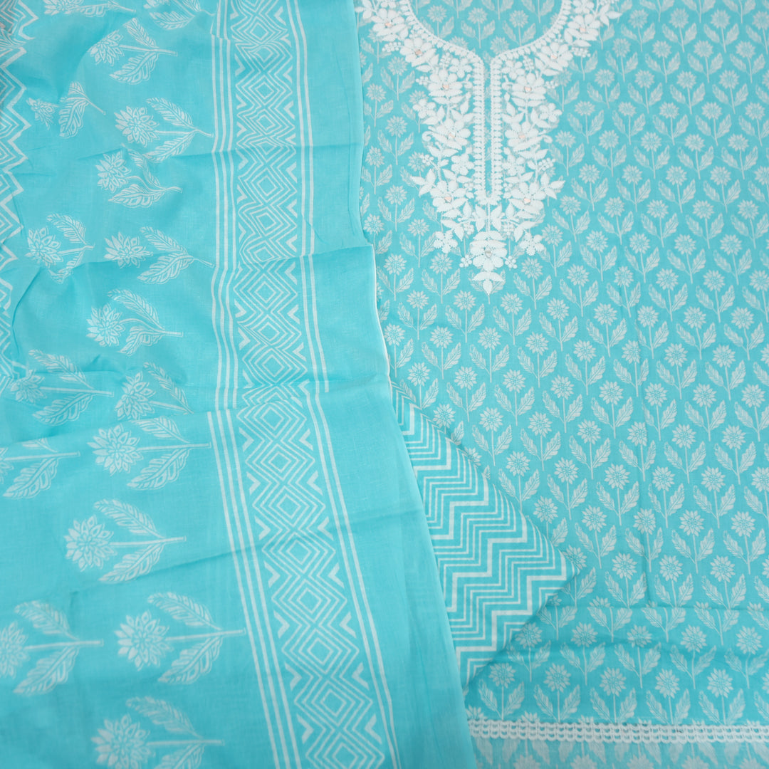 Aaruhi Ice Aqua Chikankari Inspired Neck Printed Cotton Set