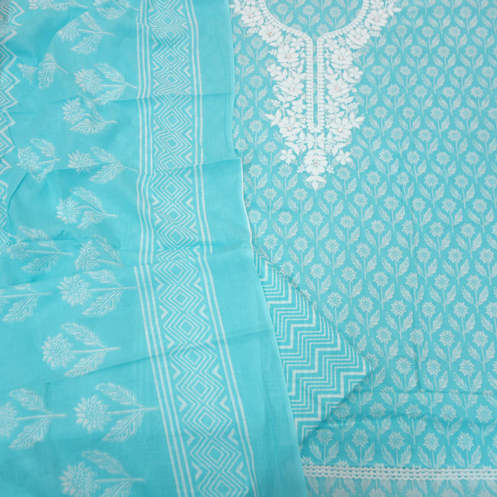Aaruhi Ice Aqua Chikankari Inspired Neck Printed Cotton Set