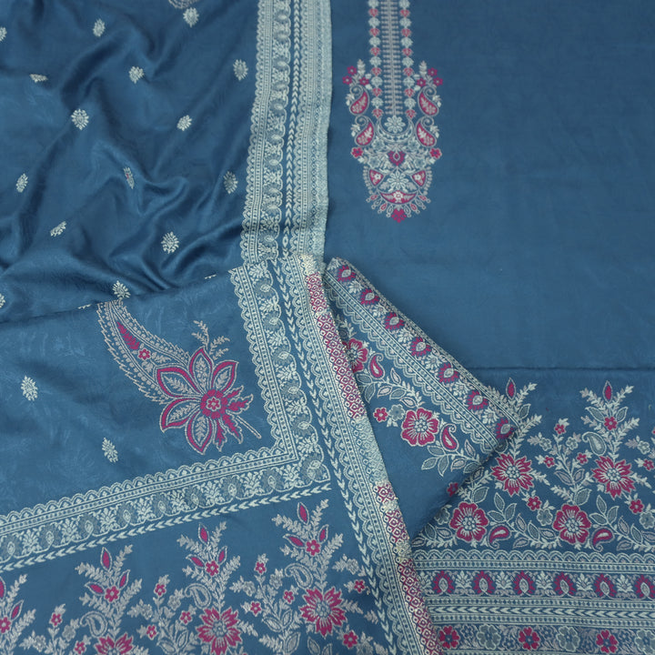 चारु Denim Blue Defined By Thread and Zari Weaved Neck Semi Pashmina Winter Set