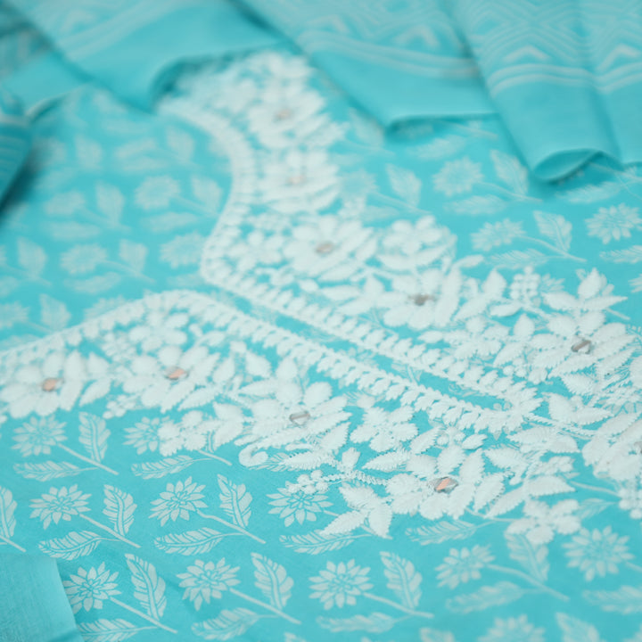 Aaruhi Ice Aqua Chikankari Inspired Neck Printed Cotton Set