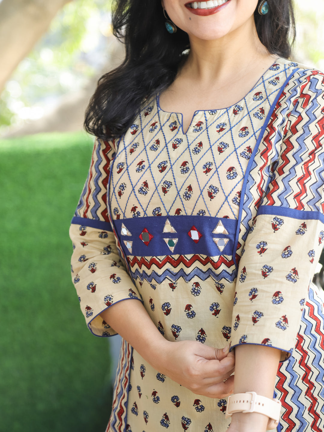 Mehram Cream Beige Running Thread Yoke in Panel Style Ajrak Printed Cotton Kurti