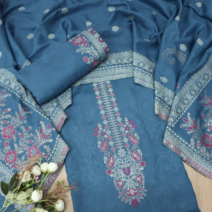 चारु Denim Blue Defined By Thread and Zari Weaved Neck Semi Pashmina Winter Set