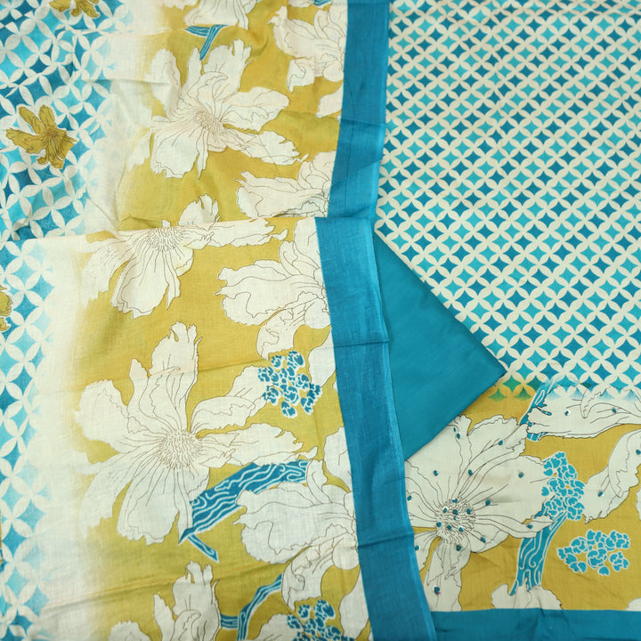 Amara Beige with Teal Floral Zari Work Digital Printed Jam Cotton Set