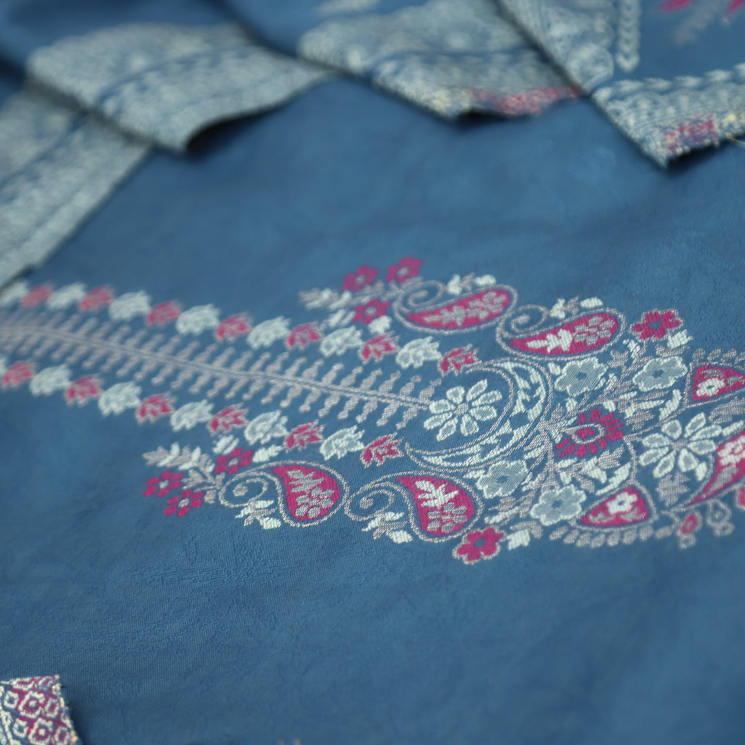 चारु Denim Blue Defined By Thread and Zari Weaved Neck Semi Pashmina Winter Set