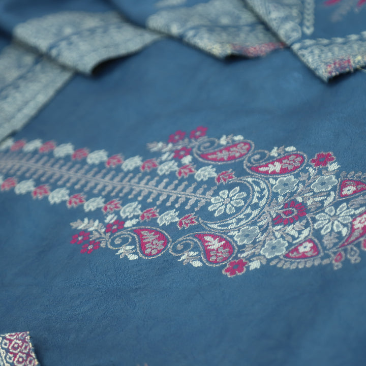 चारु Denim Blue Defined By Thread and Zari Weaved Neck Semi Pashmina Winter Set