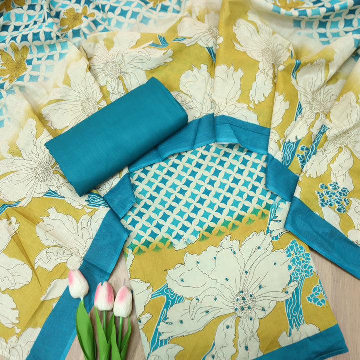 Amara Beige with Teal Floral Zari Work Digital Printed Jam Cotton Set