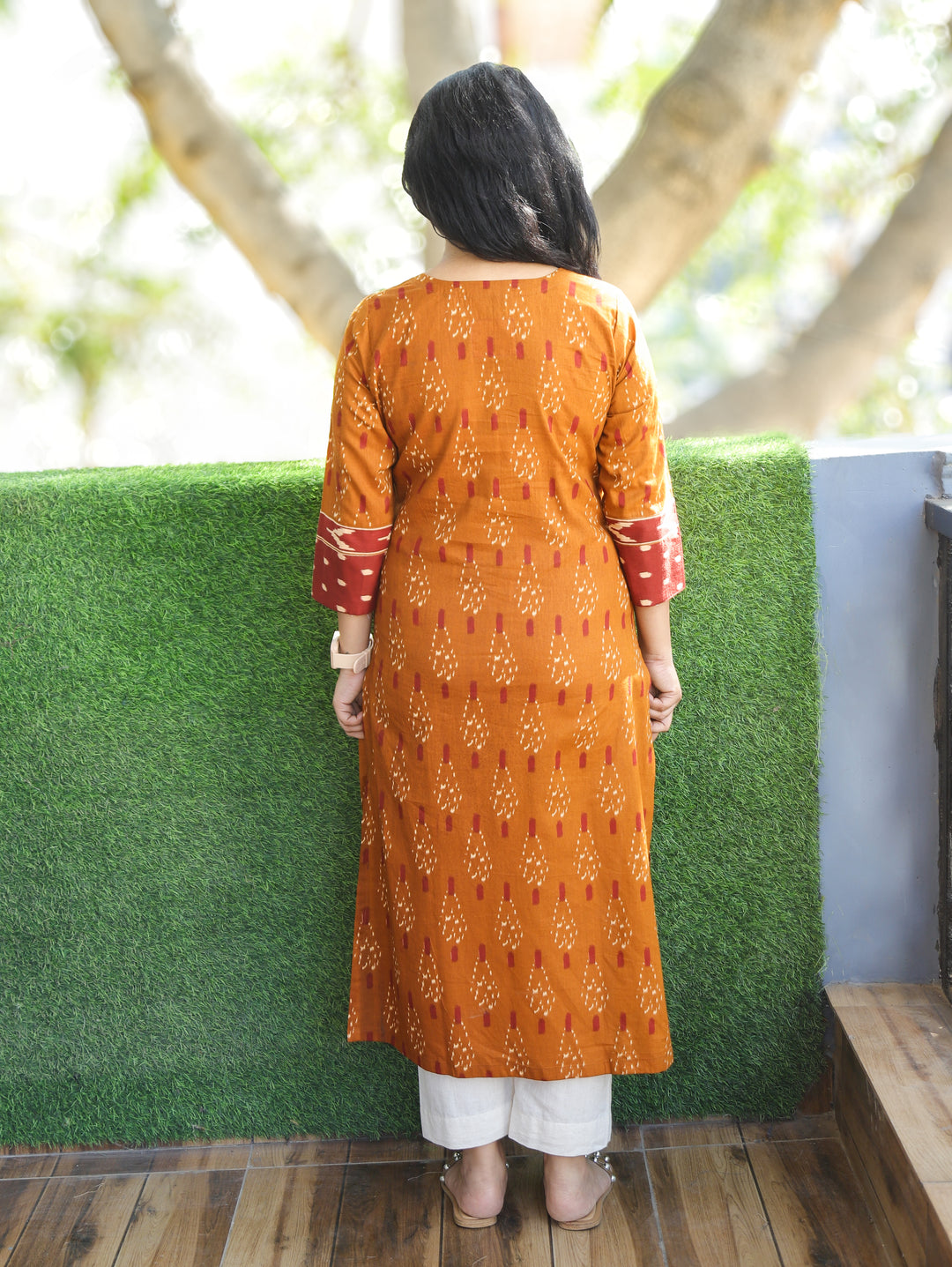 Kesariya Peanut Yellow with Barn Rust Yoke with Mirror Work Ikkat Printed Cotton Kurti
