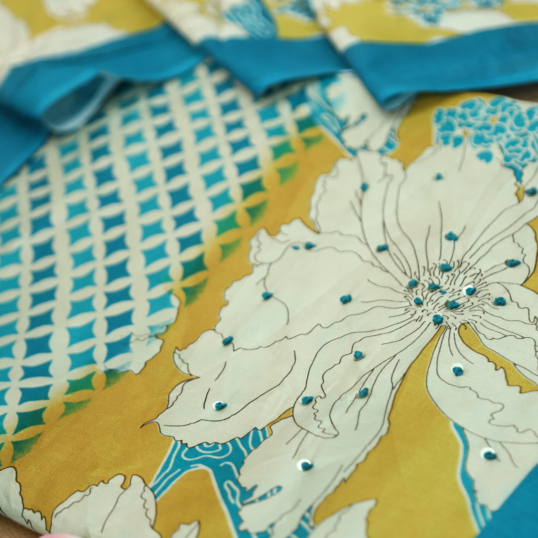Amara Beige with Teal Floral Zari Work Digital Printed Jam Cotton Set