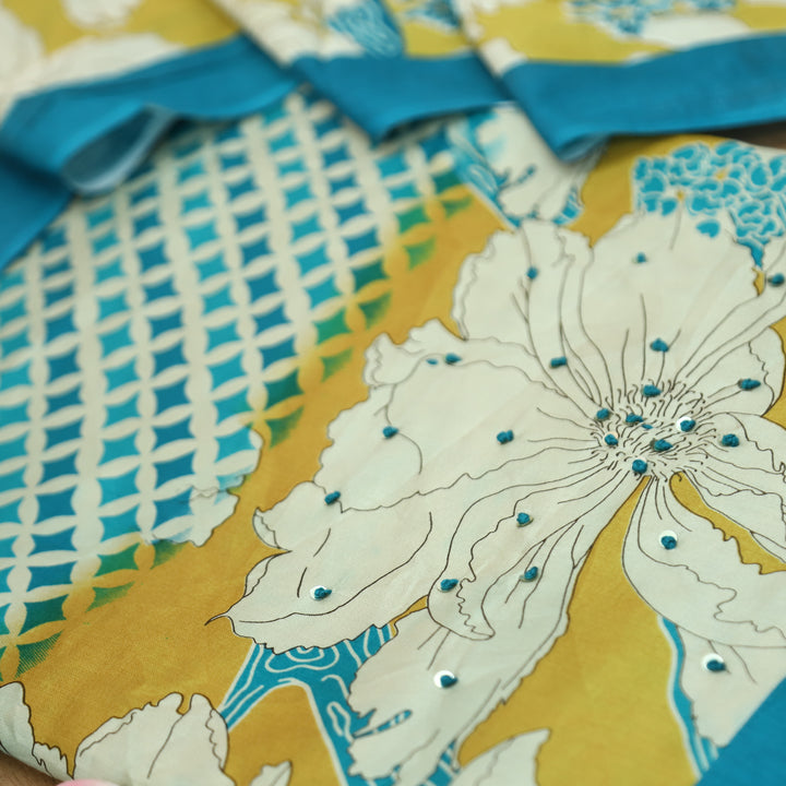 Amara Beige with Teal Floral Zari Work Digital Printed Jam Cotton Set