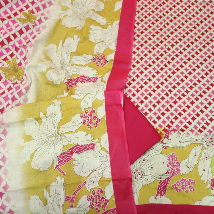 Amara Beige with Pink Floral Zari Work Digital Printed Jam Cotton Set