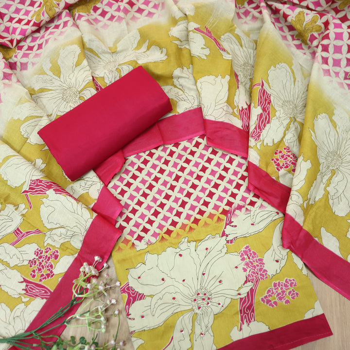 Amara Beige with Pink Floral Zari Work Digital Printed Jam Cotton Set