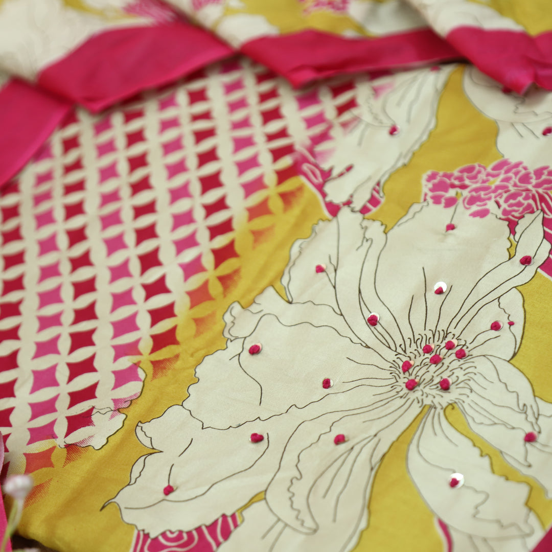 Amara Beige with Pink Floral Zari Work Digital Printed Jam Cotton Set