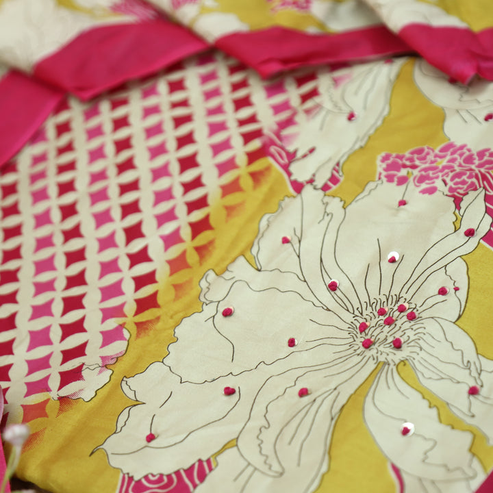 Amara Beige with Pink Floral Zari Work Digital Printed Jam Cotton Set