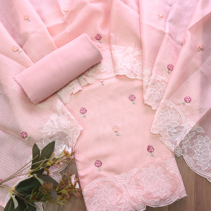 Yaleen Pastel Peach Thread Buti with Floral Patch Kota Doriya Set