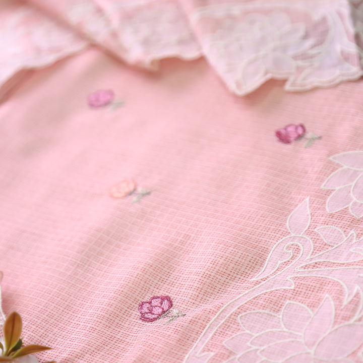 Yaleen Pastel Peach Thread Buti with Floral Patch Kota Doriya Set