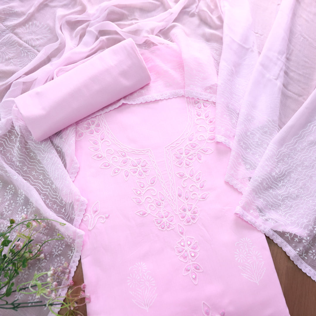 Sobiya Candy Pink in Aari Thread With Applique and Block Printed Cotton Suit Set