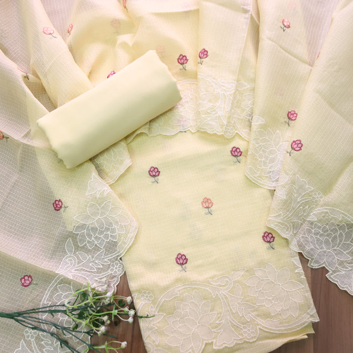 Yaleen Butter Yellow Thread Buti with Floral Patch Kota Doriya Set