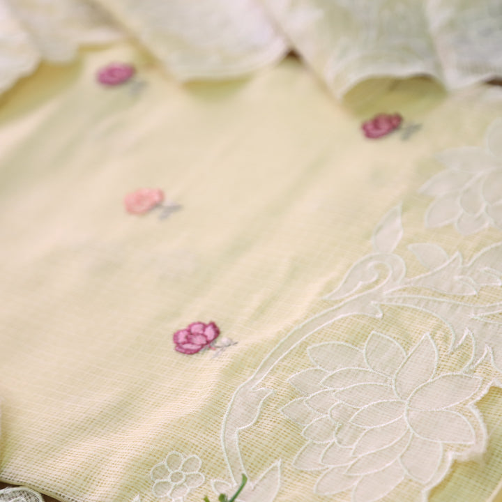Yaleen Butter Yellow Thread Buti with Floral Patch Kota Doriya Set