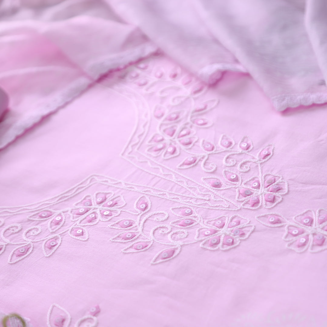 Sobiya Candy Pink in Aari Thread With Applique and Block Printed Cotton Suit Set