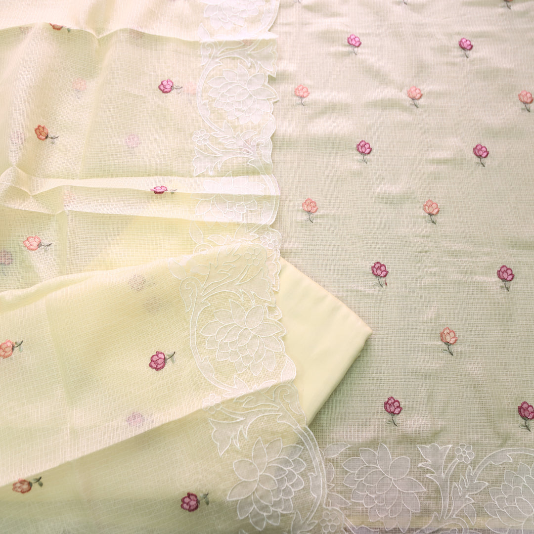 Yaleen Butter Yellow Thread Buti with Floral Patch Kota Doriya Set
