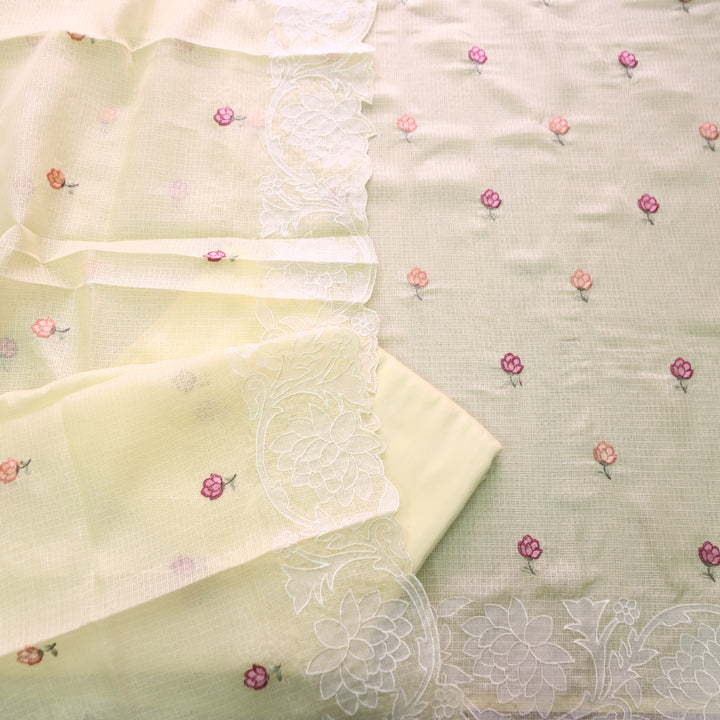 Yaleen Butter Yellow Thread Buti with Floral Patch Kota Doriya Set