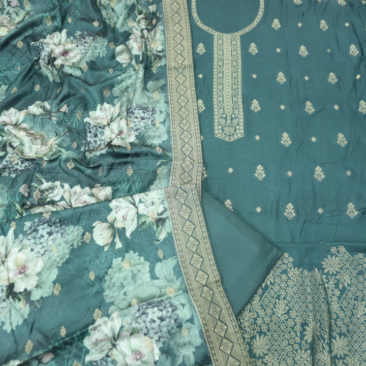 संभवी Prussian Sage Zari Weaved Neck and Hemline Work Semi Pashmina Winter Set