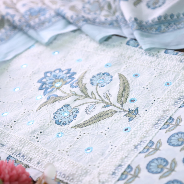 Raina White with Blue Floral Printed with Patra Work Schiffli Yoke Cotton Suit Set