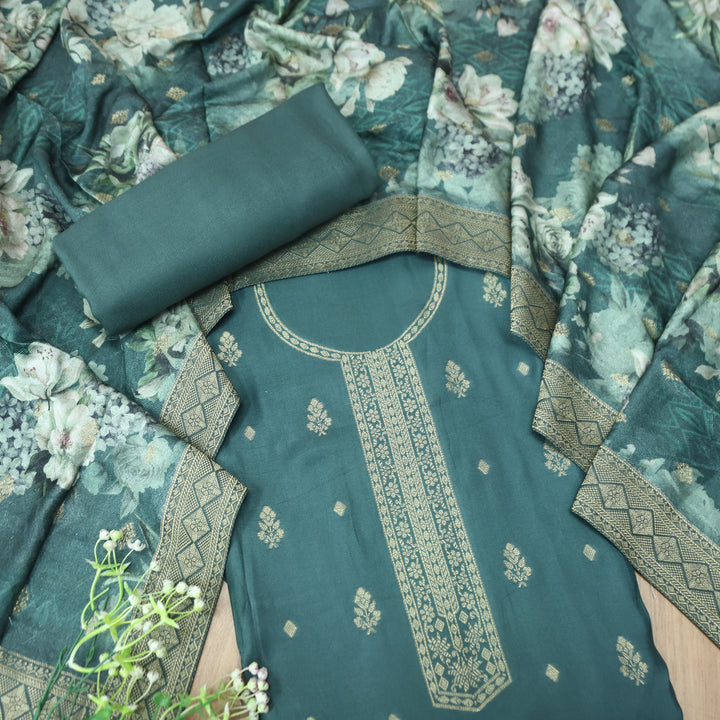 संभवी Prussian Sage Zari Weaved Neck and Hemline Work Semi Pashmina Winter Set