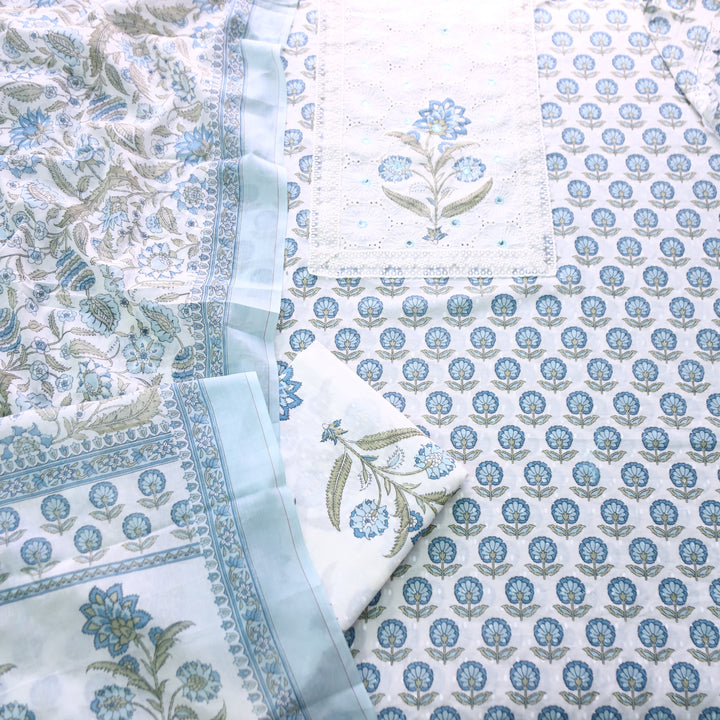 Raina White with Blue Floral Printed with Patra Work Schiffli Yoke Cotton Suit Set