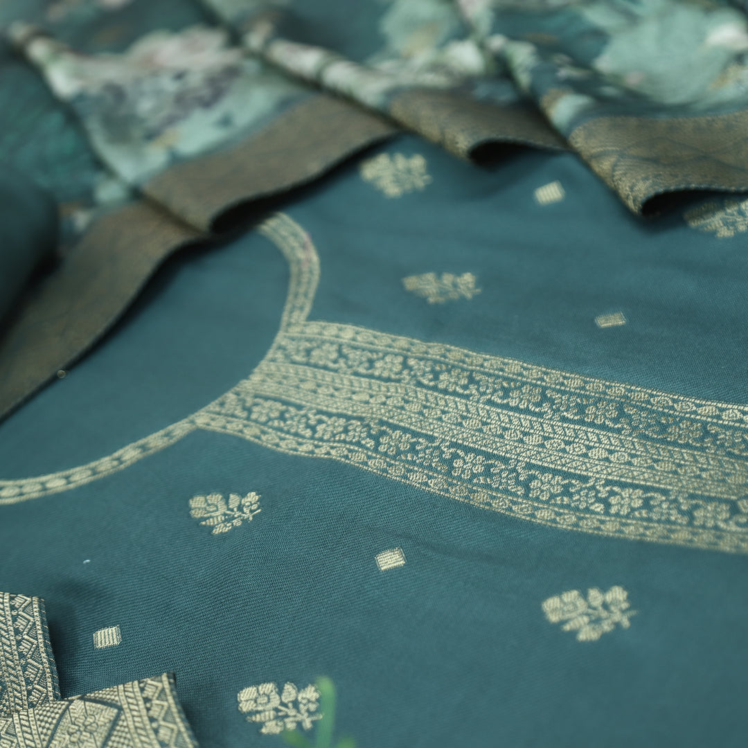 संभवी Prussian Sage Zari Weaved Neck and Hemline Work Semi Pashmina Winter Set