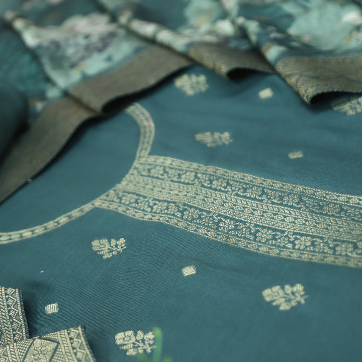 संभवी Prussian Sage Zari Weaved Neck and Hemline Work Semi Pashmina Winter Set