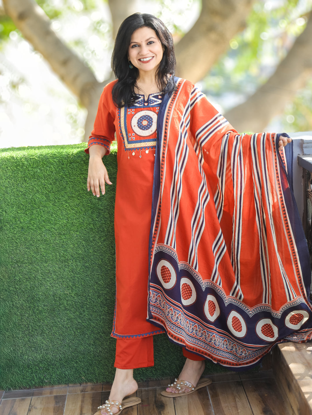 Narvi Tangerine Orange Printed Yoke with Mirror and Coin Hanging Cotton 3 Piece Set