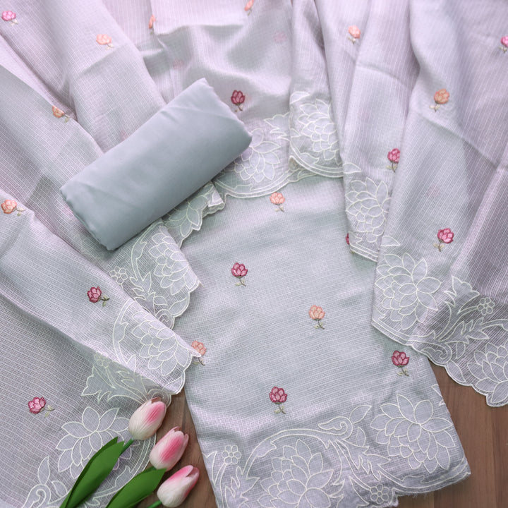Yaleen Fossil Grey Thread Buti with Floral Patch Kota Doriya Set