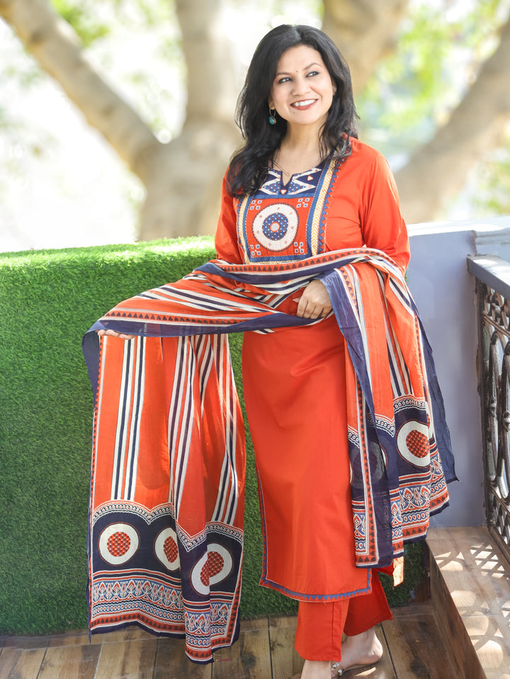 Narvi Tangerine Orange Printed Yoke with Mirror and Coin Hanging Cotton 3 Piece Set