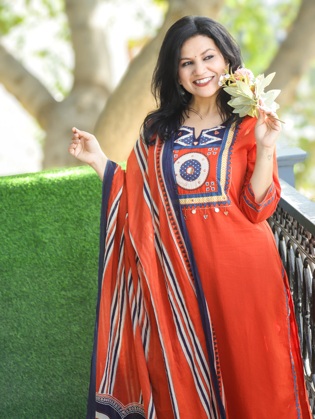 Narvi Tangerine Orange Printed Yoke with Mirror and Coin Hanging Cotton 3 Piece Set