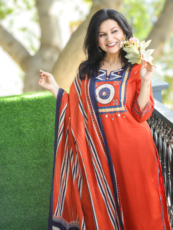 Narvi Tangerine Orange Printed Yoke with Mirror and Coin Hanging Cotton 3 Piece Set