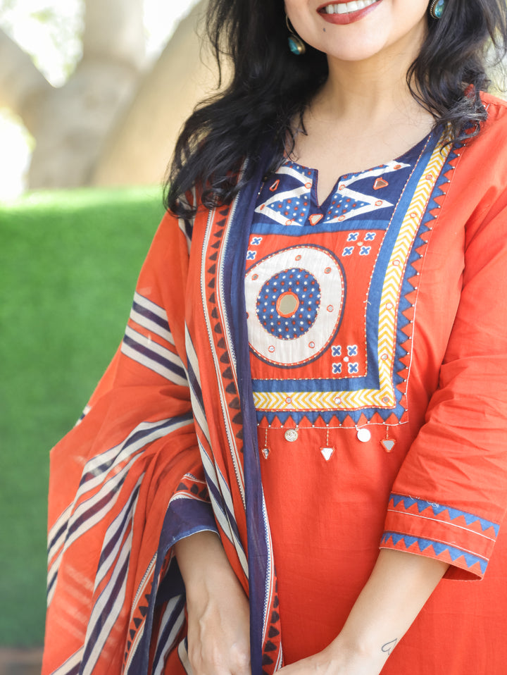 Narvi Tangerine Orange Printed Yoke with Mirror and Coin Hanging Cotton 3 Piece Set