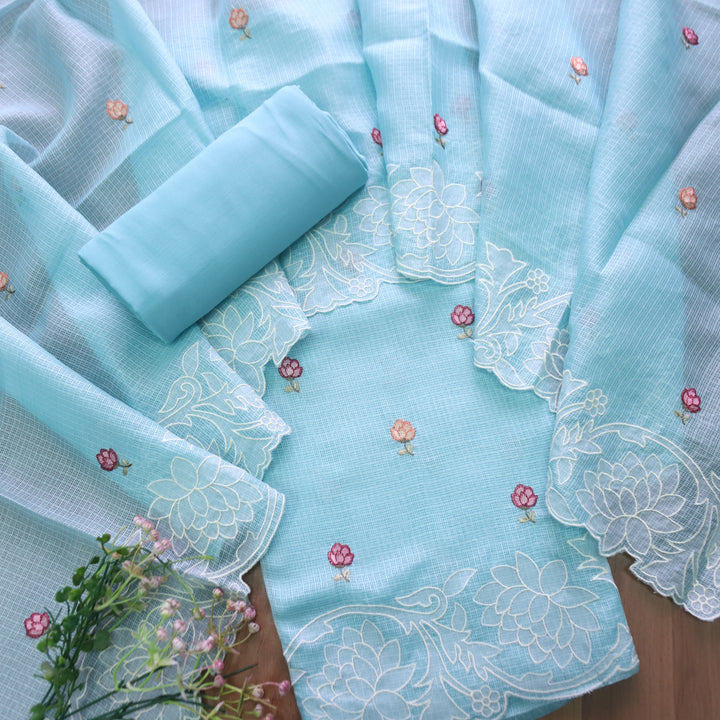 Yaleen Ocean Aqua Thread Buti with Floral Patch Kota Doriya Set