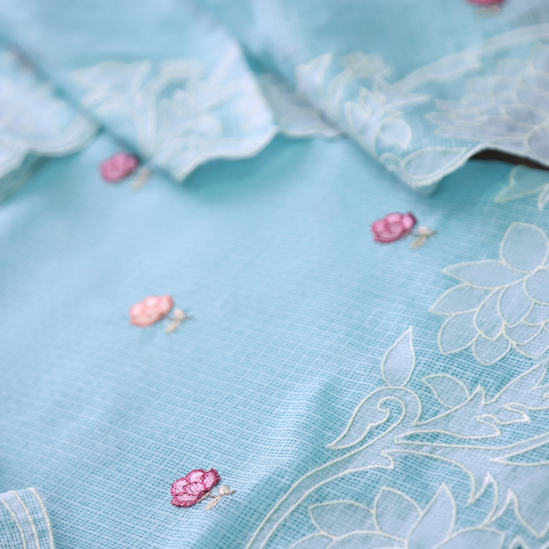 Yaleen Ocean Aqua Thread Buti with Floral Patch Kota Doriya Set