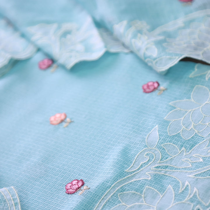 Yaleen Ocean Aqua Thread Buti with Floral Patch Kota Doriya Set