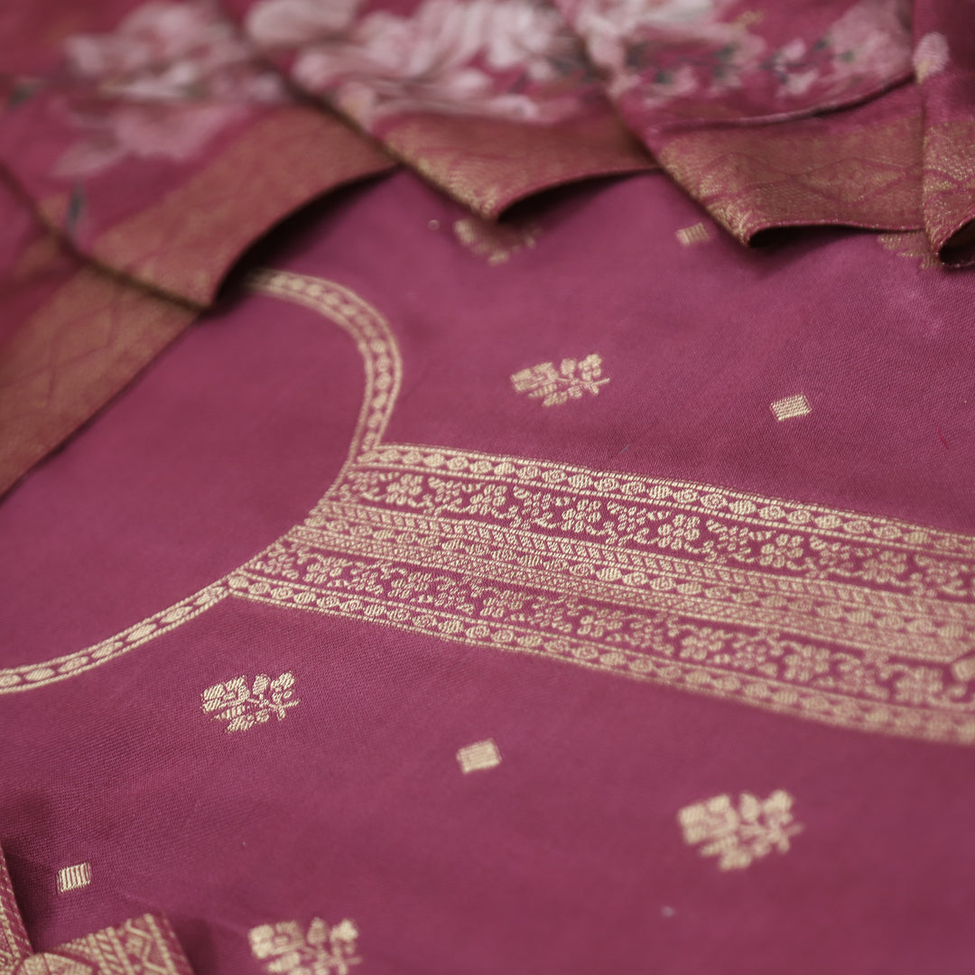 संभवी Mahogany Red Zari Weaved Neck and Hemline Work Semi Pashmina Winter Set