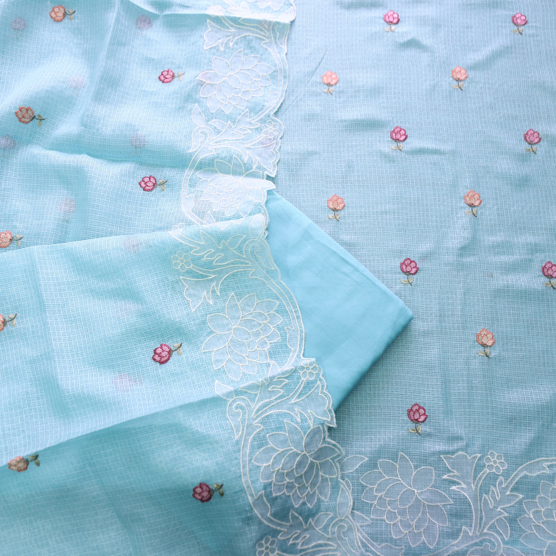 Yaleen Ocean Aqua Thread Buti with Floral Patch Kota Doriya Set