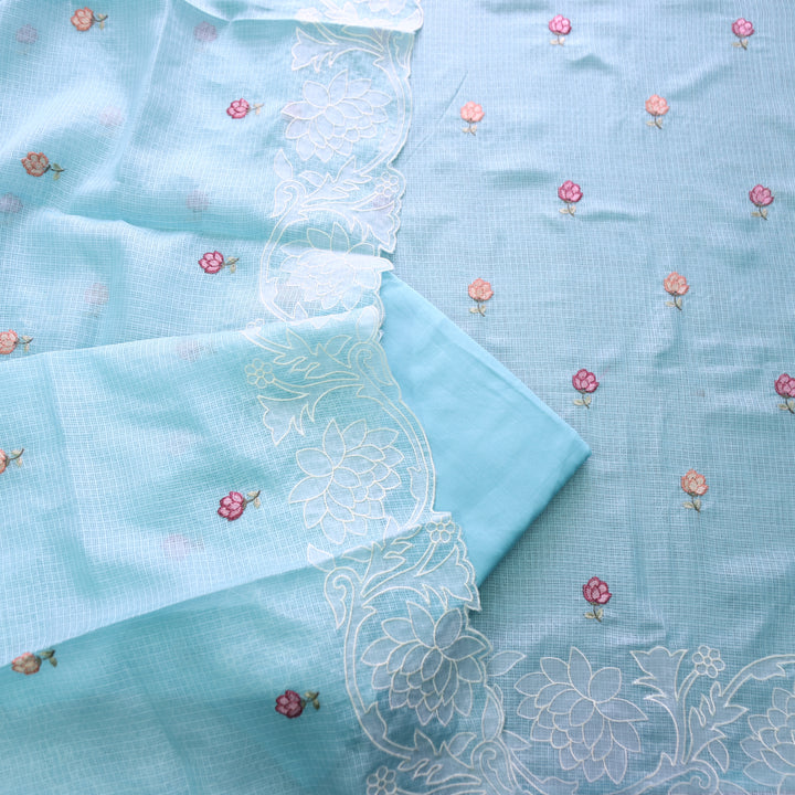 Yaleen Ocean Aqua Thread Buti with Floral Patch Kota Doriya Set