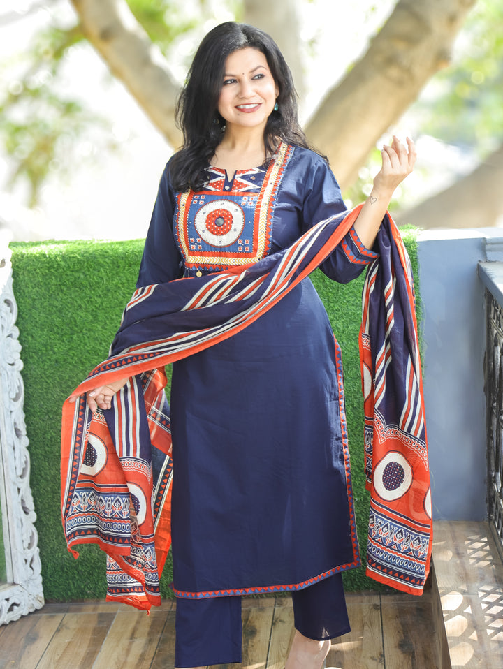 Narvi Navy Blue Printed Yoke with Mirror and Coin Hanging Cotton 3 Piece Set