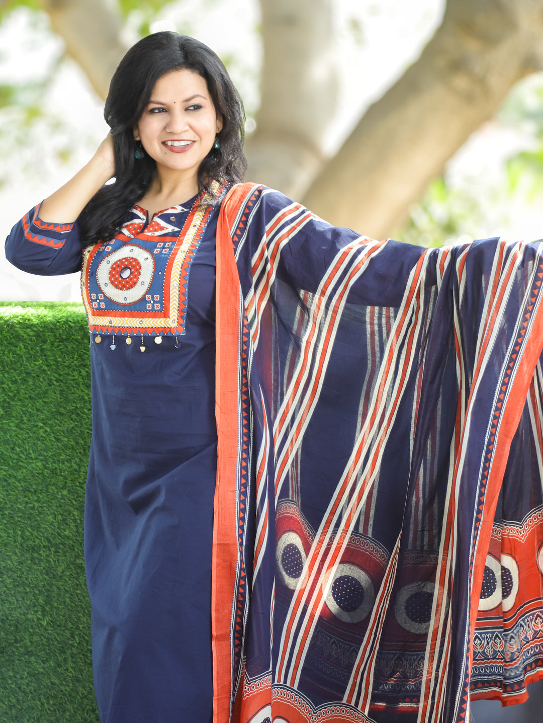 Narvi Navy Blue Printed Yoke with Mirror and Coin Hanging Cotton 3 Piece Set