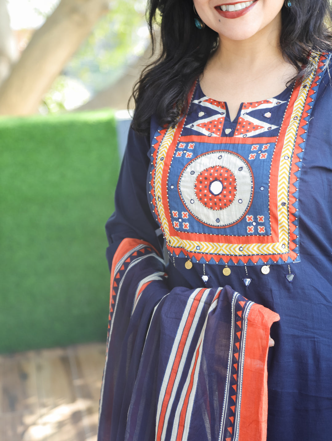 Narvi Navy Blue Printed Yoke with Mirror and Coin Hanging Cotton 3 Piece Set