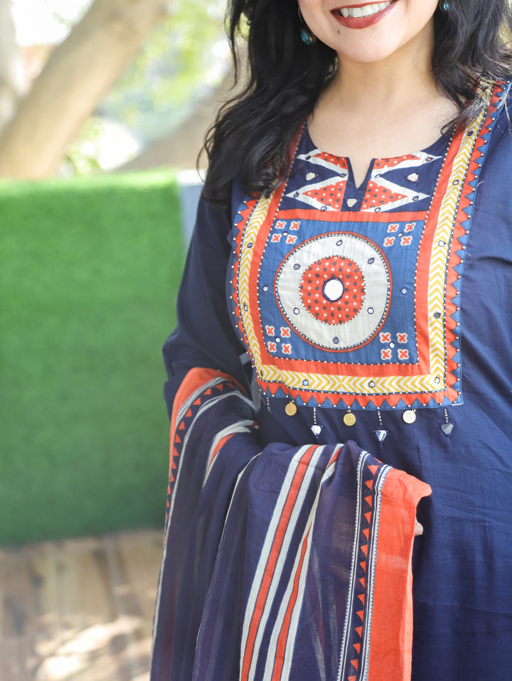 Narvi Navy Blue Printed Yoke with Mirror and Coin Hanging Cotton 3 Piece Set