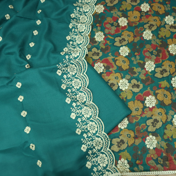 झुमकी Emerald Teal Floral Printed in Embroidered Work Semi Pashmina Winter Set