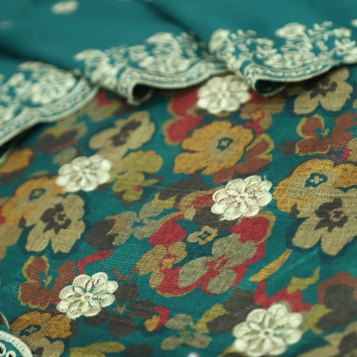 झुमकी Emerald Teal Floral Printed in Embroidered Work Semi Pashmina Winter Set