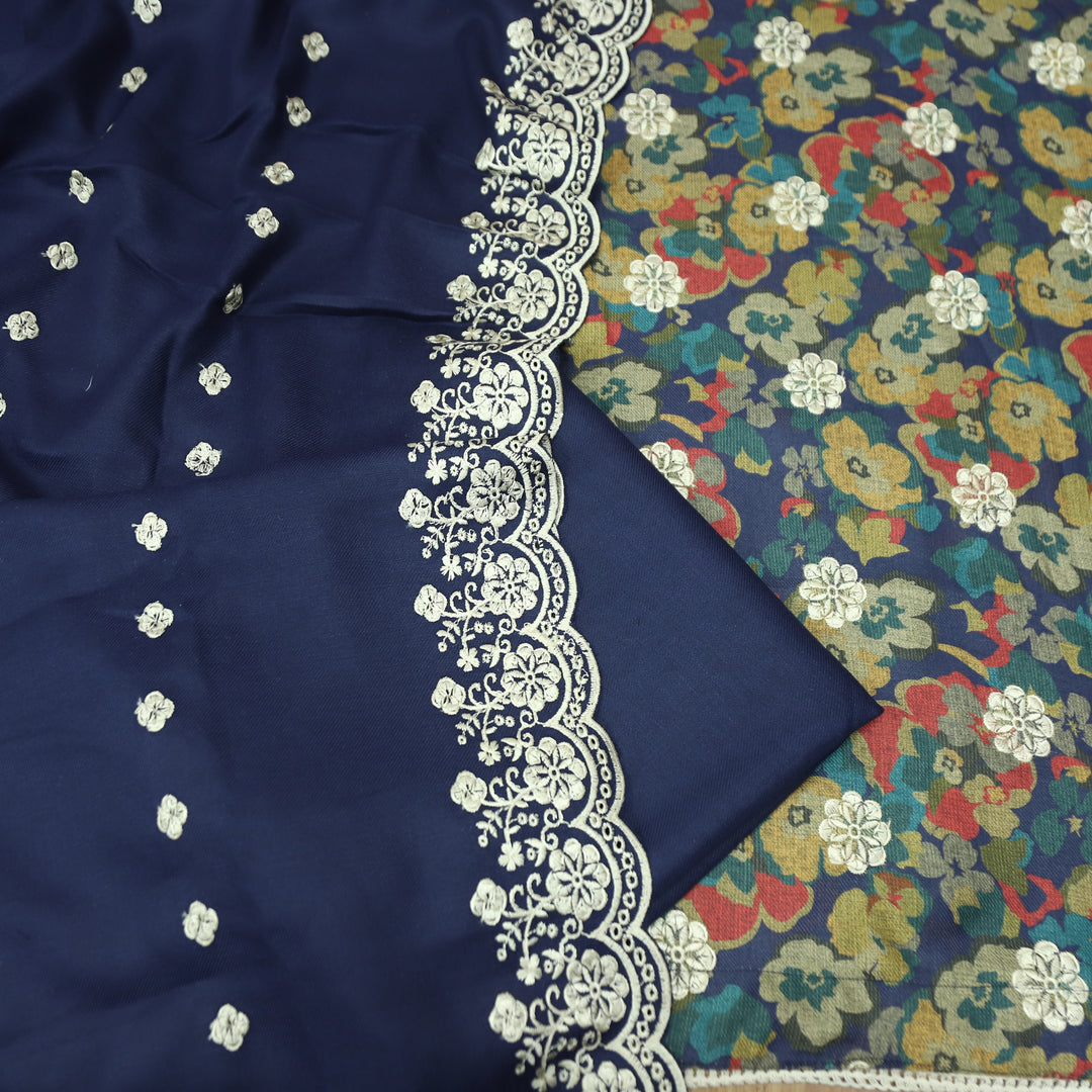 झुमकी Navy Blue Floral Printed in Embroidered Work Semi Pashmina Winter Set